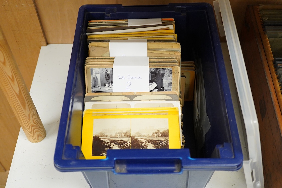 A collection of over 300 late 19th and early 20th century stereoscopic cards, including a fitted mahogany case containing 30 glass examples, the themes include; scenic views, sculptures and statues, buildings, Windsor, p